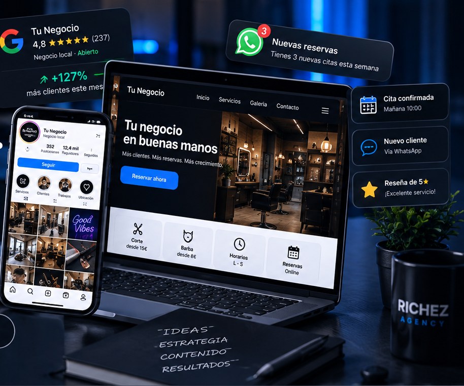 Panel de control de negocio con reservas de WhatsApp, ficha de Google, reseñas y web de reservas en portátil y móvil completo