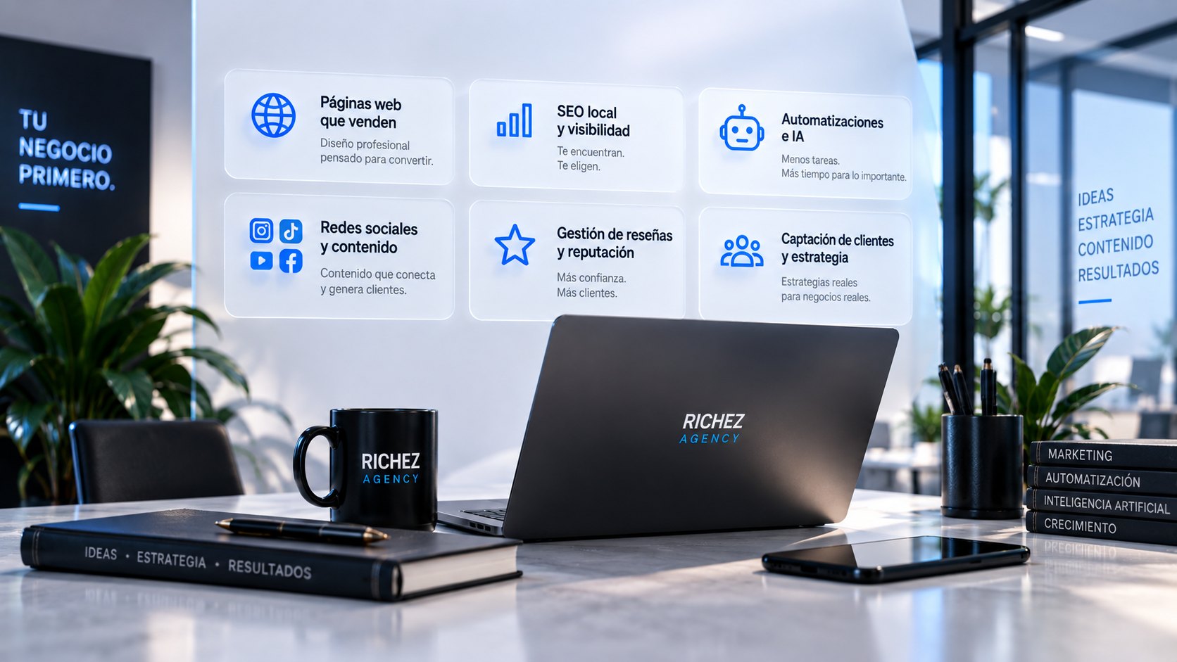 Escritorio de Richez Agency con portátil, libreta y paneles de servicios: páginas web, SEO local, automatizaciones, redes sociales, reseñas y captación de clientes
